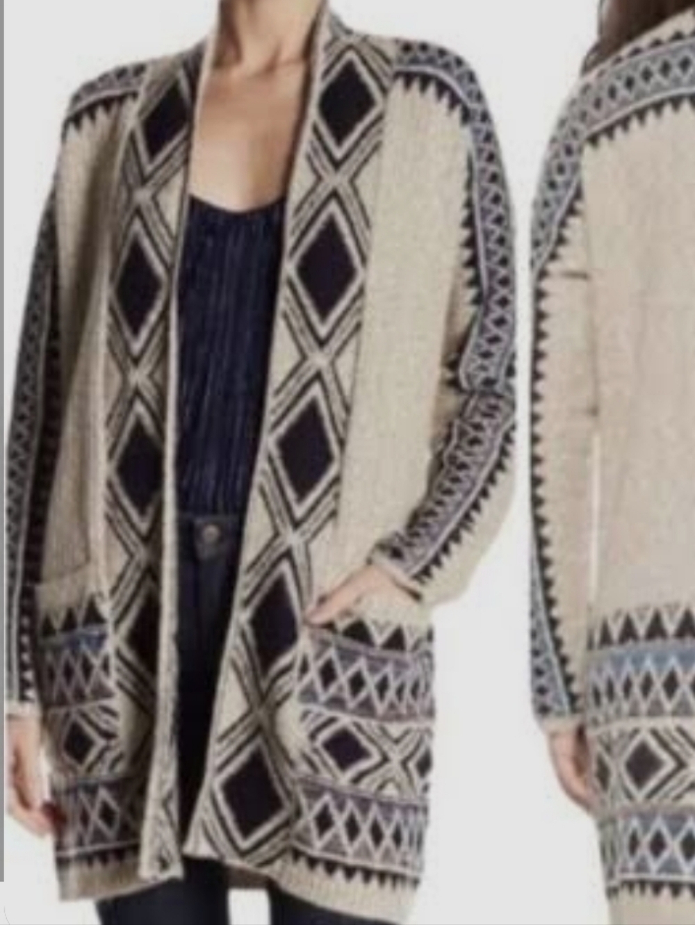 Lucky Brand Cream & Navy Boho Tribal Patterned Duster Cardigan Sweater Sz L